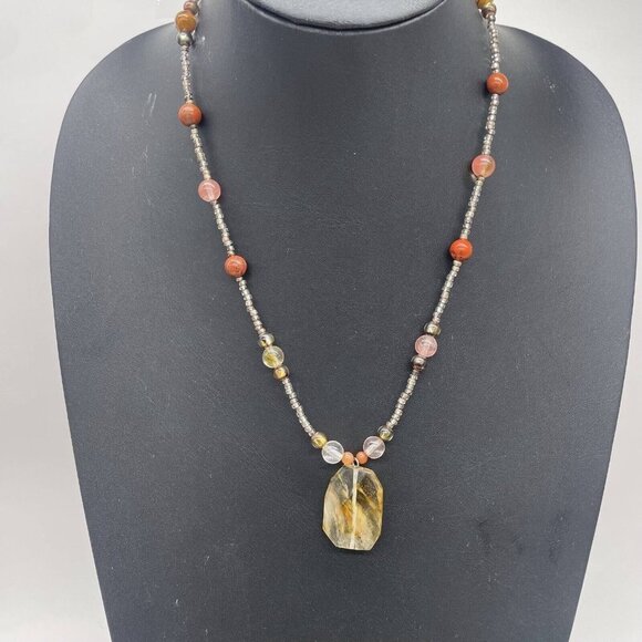 925 Sterling Silver Stone and Beaded Pendant Necklace Adjustable 20 inches - Picture 5 of 8